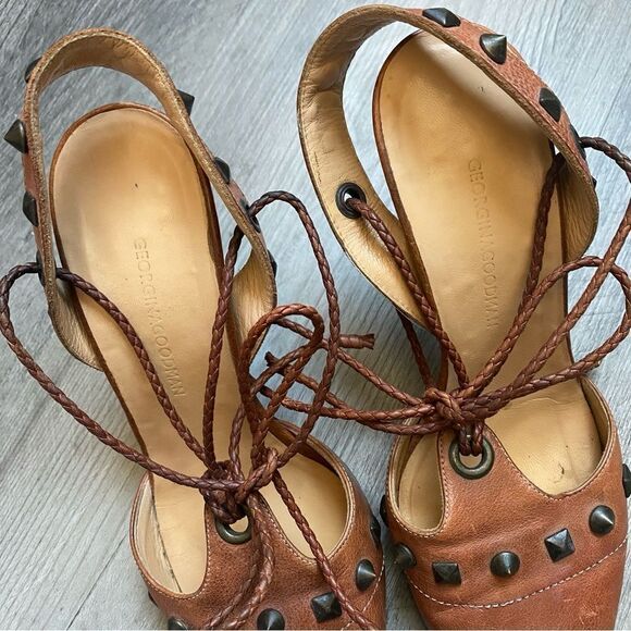 Georgina Goodman Heels Brown Leather Ankle Lace Up Studded Designer - Picture 7 of 11